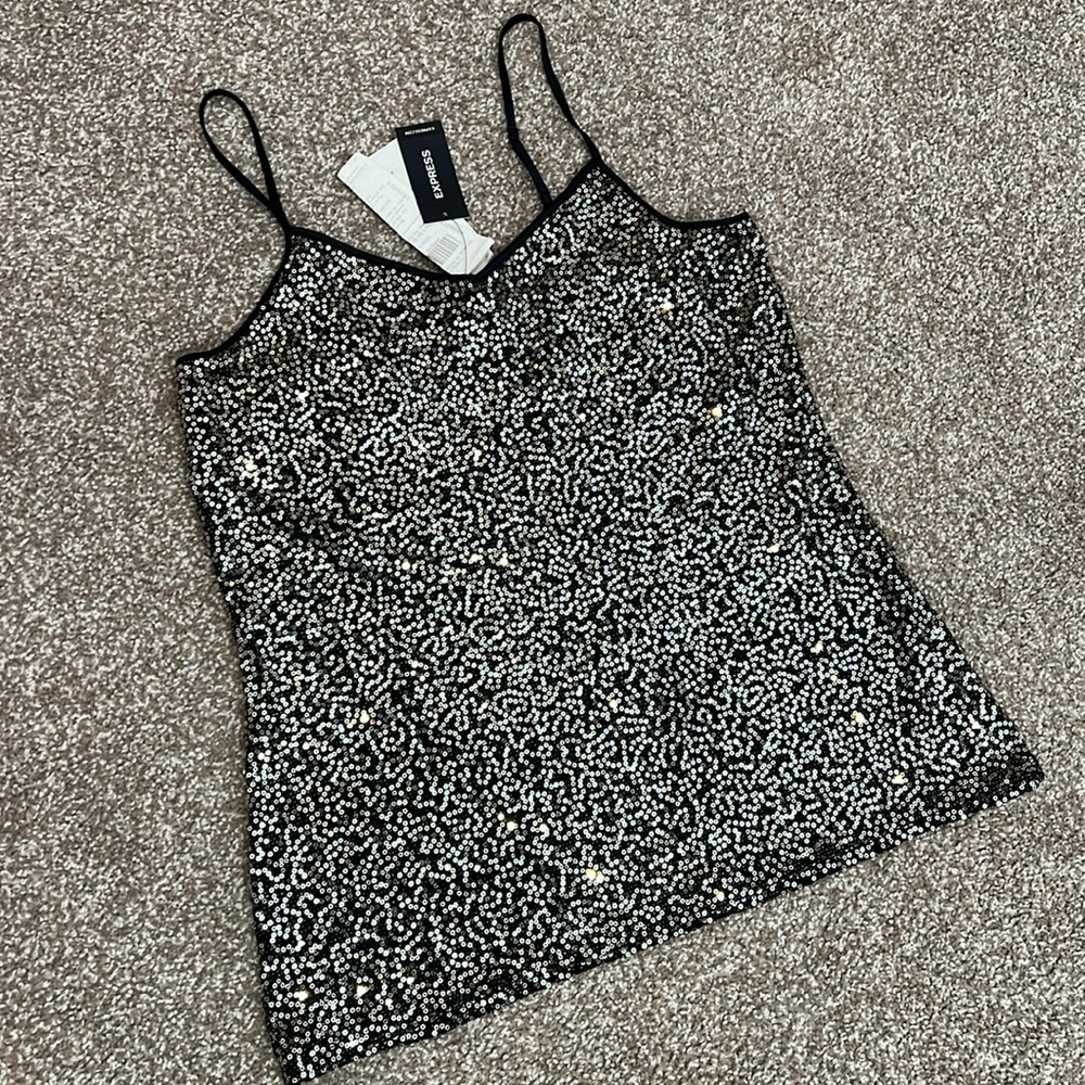 Express Silver Sequin Sparkle Metallic Tank Top Black Size large
